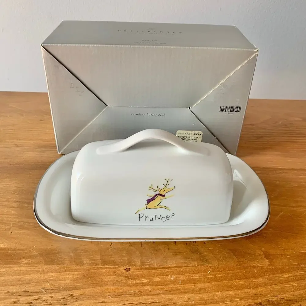 Pottery Barn Reindeer Prancer Butter Dish Serving Buffet Christmas Porcelain EUC